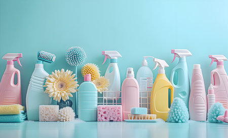 Cleaning supplies in pastel colorsの素材