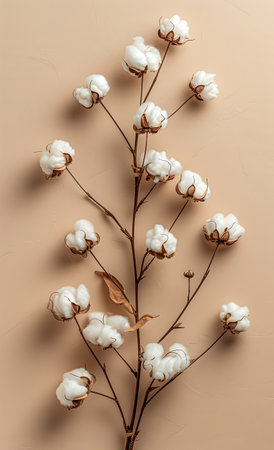 Dried fluffy cotton flower branch on a beige backgroundの素材