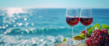 Two glasses of wine with the sea bay in the background.の素材