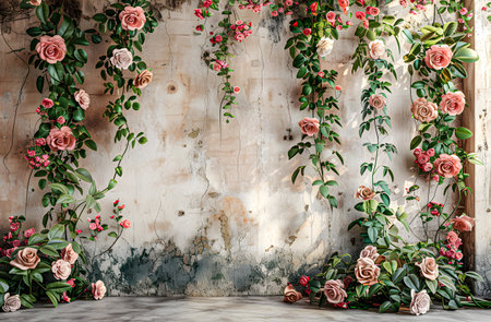 Old vintage exterior wall with curly rose plants.の素材