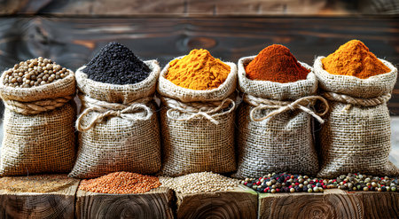 Set of spices in jute bags on wooden background.の素材