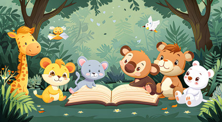 Animals school in nature by studying the book.の素材