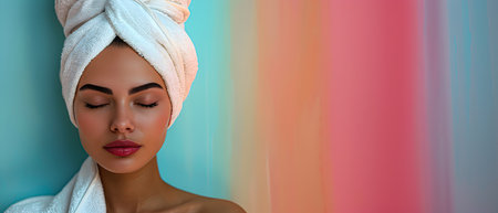 Beautiful woman with closed eyes in a white robe in a spa.の素材