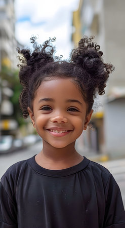 A black adorable girl with a joyful smile and hair.の素材