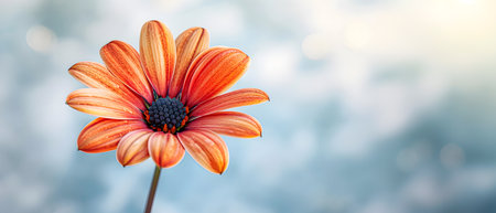 Red daisy on a cloudy white background.の素材