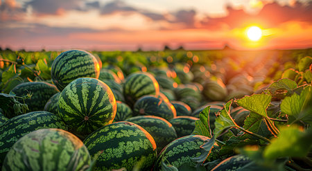 A pile of watermelons on the field at sunset.の素材