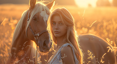 Woman with a horse in the rays of the evening sunset.の素材