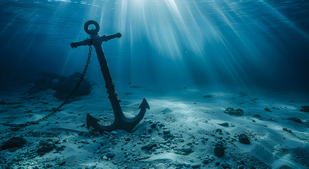 Sunlight illuminates an anchor on the ocean floor of the deep sea.の素材