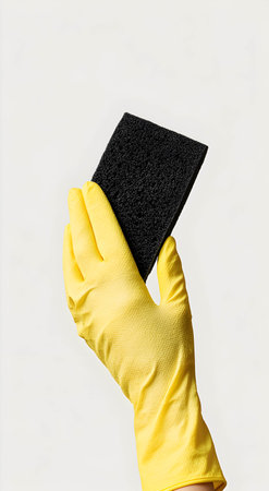 Hand in yellow glove holding a black cleaning sponge on light colored background. With space for text.の素材