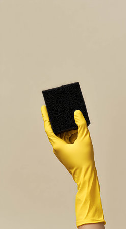 Hand in yellow glove holding a black cleaning sponge on light colored background. With space for text.の素材