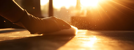 A gloved hand wipes the dust off the furniture with a rag, specks of dust flying against the sun.の素材