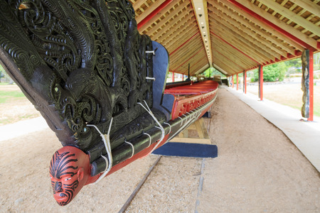 Front of a traditional war canoe of the Maori people in Waitangi, New Zealandの写真素材