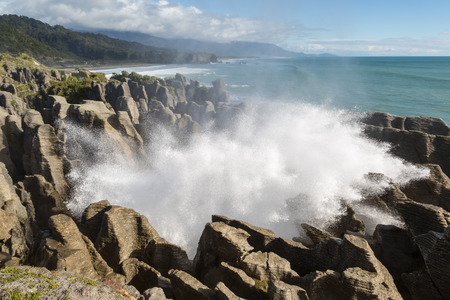 Fountain at Pancake rocks in Punakaiki, New Zealandの写真素材