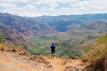 Man from behind dressed in sports gear standing in front of Waimea canyon on the island Kauai, Hawaii, USAの写真素材