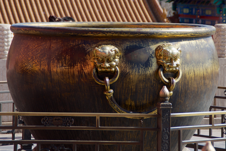 Ancient Brass Water Vat Used To Extinguish Fires In Ancient Chinaの写真素材