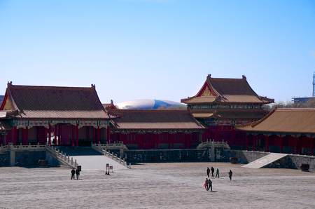 Courtyard In The Forbidden City With Beijing National Stadiumのeditorial素材