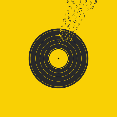 Vinyl Record with notes and music symbols on yellow backgroundのイラスト素材