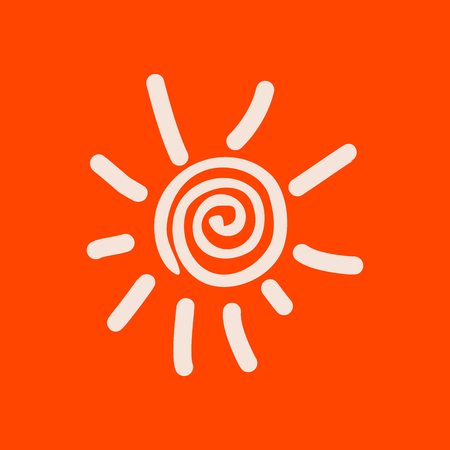 Hand drawn spiral shinny sun. Vector graphic illustration on orange backgroundのイラスト素材