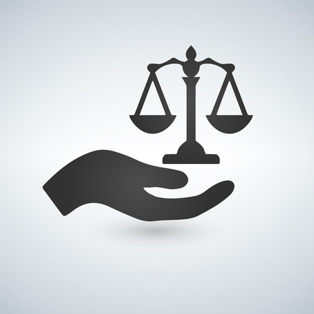 scales in his hand icon. Bring justice concept. Vector illustration isolated on white background.のイラスト素材