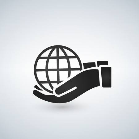 hands holding globe earth web black icon. save earth concept. vector illustration isolated on white backgroundのイラスト素材