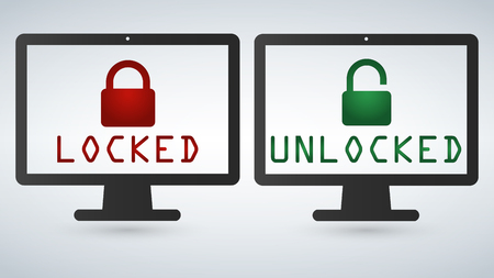 Data protection, internet security concept info graphic. Network secure. Vector lock computer monitor screen isolated on white. Flat design template for website mobile app.のイラスト素材