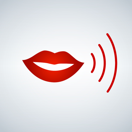 Mouth says with sound waves in red on a modern background. Dissemination of information.のイラスト素材