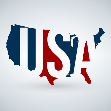 US logo or icon with USA letters across the map, United States of America. Blue and Red colors. Vector illustration isolated on modern background with shadowのイラスト素材
