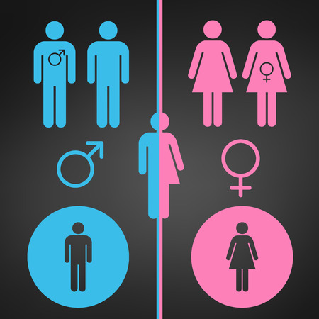 Male and female symbol set, gender concept. Usable for reports, presentations, web, apps, ui vector illustration isolated on black modern background.のイラスト素材