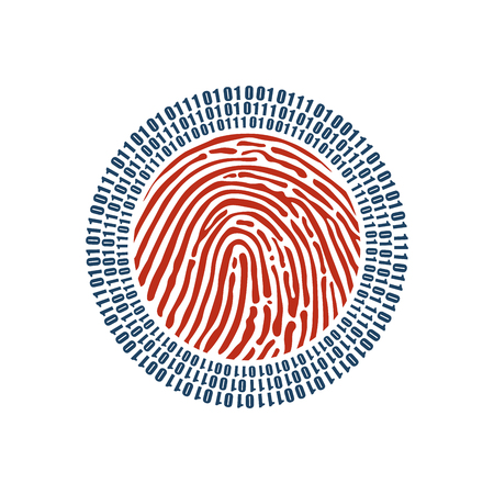 Digital fingerprint and binary one and zero digits in circle around it. cyber security concept. digital circle. vector illustration isolated on white backgroundのイラスト素材