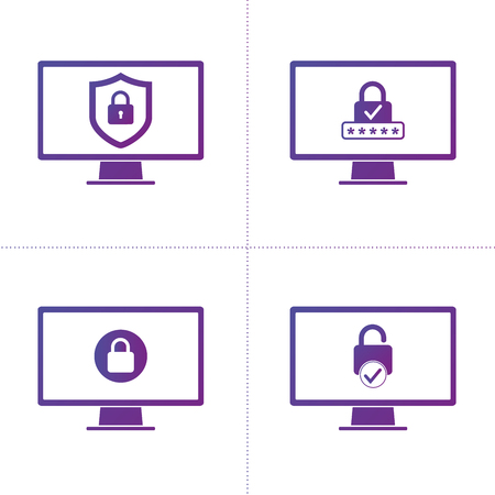 Set of Computer security protection business information data with shield and lock symbol. Protected computer networks and antivirus services, secure access, hackingのイラスト素材