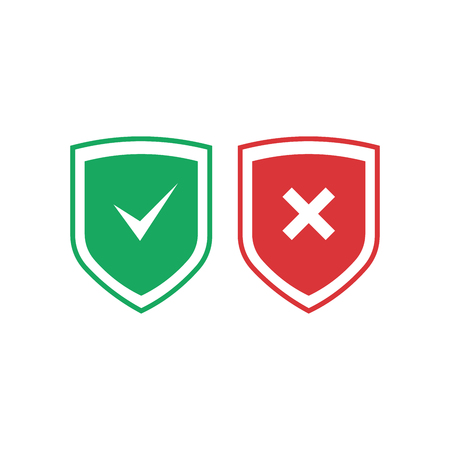 Shields with check mark and cross icons set. Red and green shield with checkmark and x mark. Protection, safety, security, reliability concepts. Vector illustration isolated on background.のイラスト素材