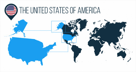 The United States of America USA map located on a world map with flag and map pointer or pin. Infographic map. Vector illustration isolated on whiteのイラスト素材