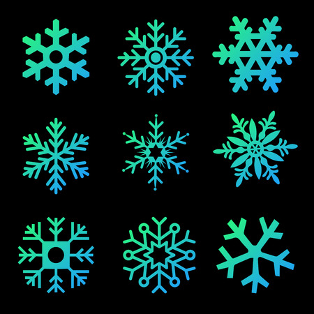 Modern gradient Snowflakes vector set on a black background. Vector pack of snowflakes design templates. Winter decoration elements. Vector illustration isolated on whiteのイラスト素材