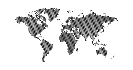 Black halftone hexagon dotted world map. Vector illustration. Dotted map in flat design. Vector illustration isolatedのイラスト素材