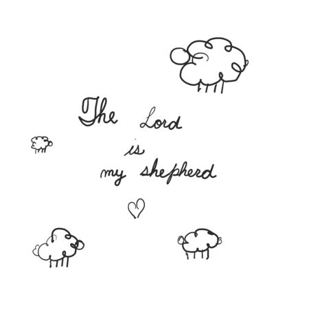 sheep on the field. Hand lettering Psalm 23 The Lord is my shepherd. Biblical background.のイラスト素材