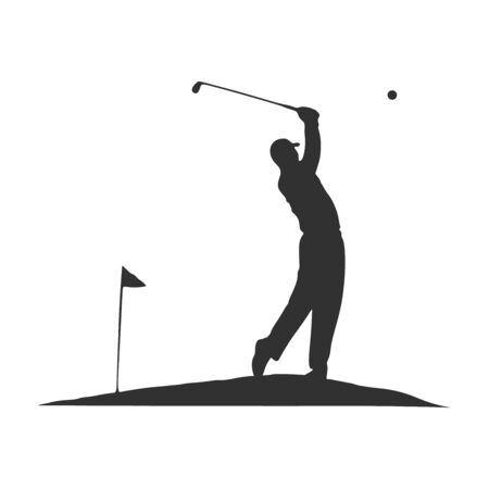 Golf swing, golf player isolated silhouette, golfer illustration with ball flag and club. Stock Vector illustration isolated on white background.のイラスト素材