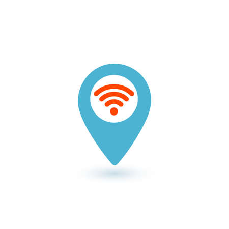 Wifi map pin point blue and red icon. Wifi map point sign, hotspot, free wifi place. Stock vector illustration isolated on white background.のイラスト素材