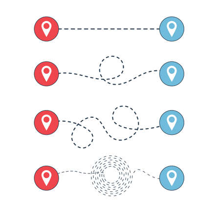Path from point to point in different styles, road tracking, trace the path. Location signs for travel on the dotted road map. Stock Vector illustration isolated on white background.のイラスト素材