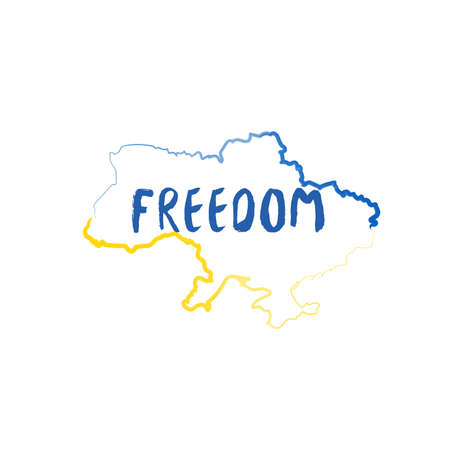 Blue and yellow outline Ukrainian map in national colors. Minimalistic design. Stock vector illustration isolated on white background.のイラスト素材