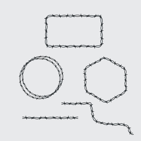 Barbed wire pattern brush template and geometric shapes. Stock vector illustration isolated on white background.のイラスト素材