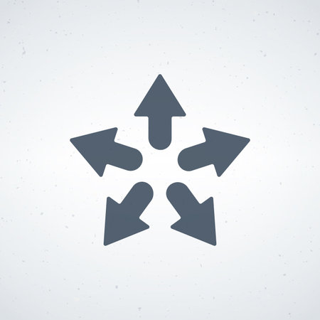This image features a minimalist design depicting arrows pointing outward in various directions,...