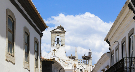Storks' nests on the entrance gate to the old town in Faro.