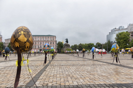 Easter Eggs Festival in Sofia Square, Kiev, Ukraine.A view of the Bogdan Khmelnitskiy monument and Mikhaylovskiy Cathedral on the background.Editorial.のeditorial素材