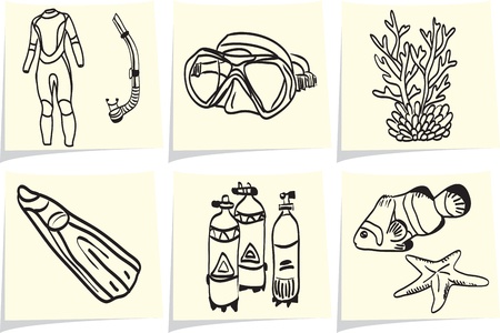 Diving equipment and sea life on yellow memo sticks   のイラスト素材