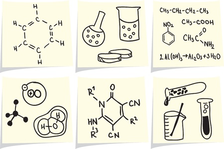 Chemistry and biology icons and formulas on yellow memo sticks のイラスト素材