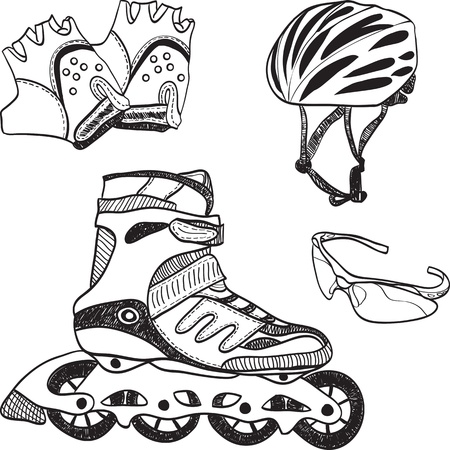 Illustration of roller skating equipment - roller skates, gloves, helmet, glassesのイラスト素材