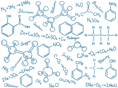 Chemistry background - molecule models and formulas, hand-drawn illustrationのイラスト素材