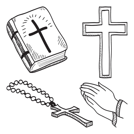 Christian hand-drawn symbols illustration - cross, bible, hands, rosaryのイラスト素材