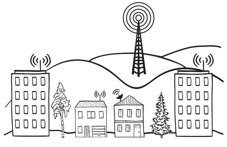 Hand drawn illustration of wireless signal of internet into houses in cityのイラスト素材