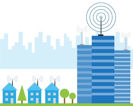 Illustration of wireless signal of internet into houses in cityのイラスト素材